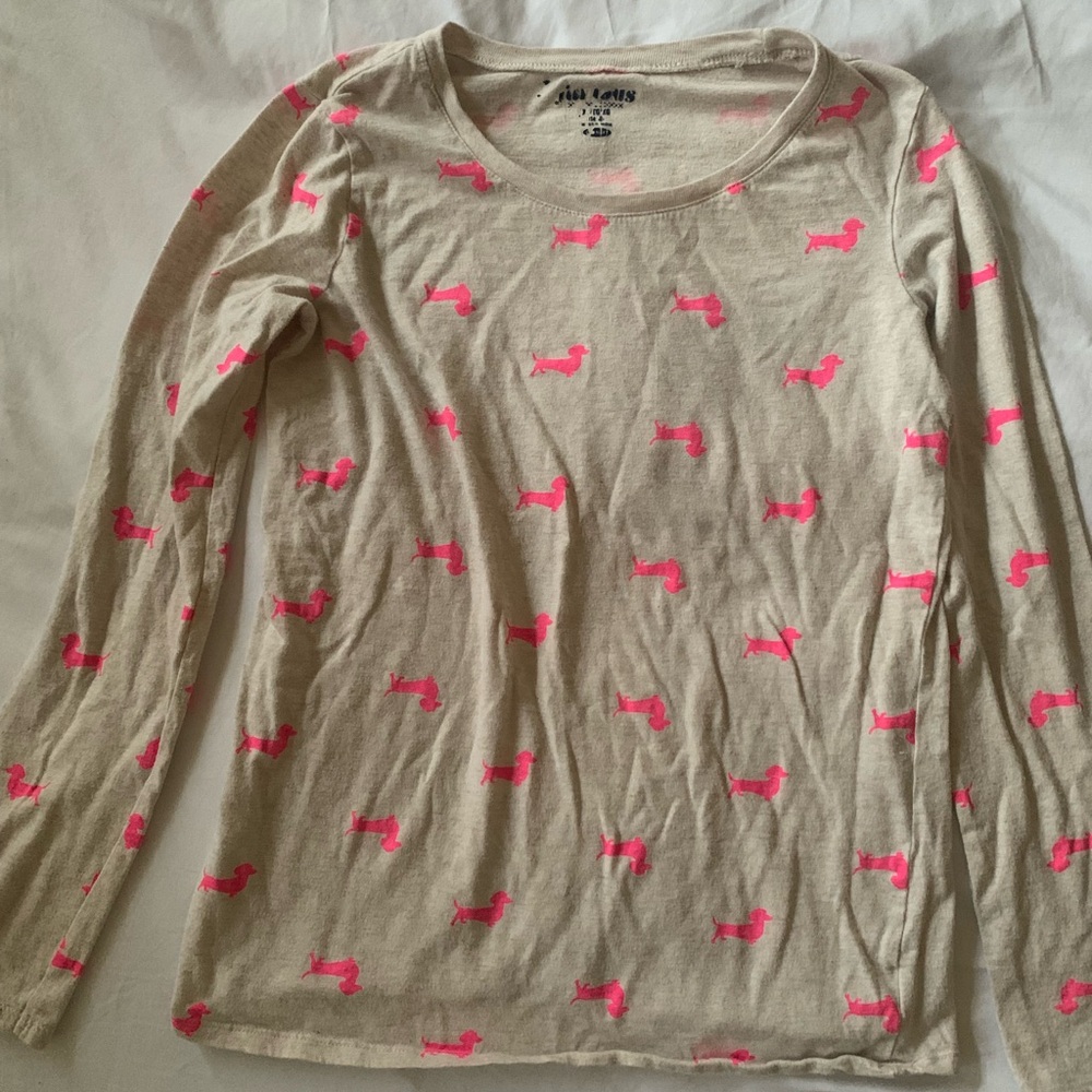 Old Navy Beige Long Sleeve Tee with Neon Pink Dog Print XL(14/16)